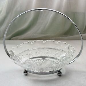Vintage Pressed Glass Relish Caddy Dish with Silver Stainless Tray Holder
